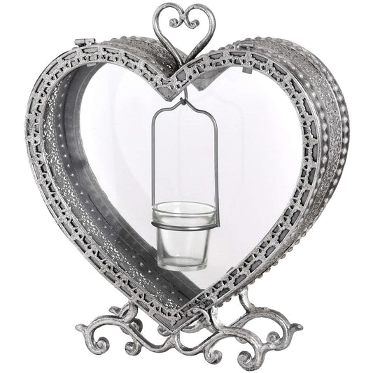 Free Standing Heart Tealight Lantern in Antique Silver