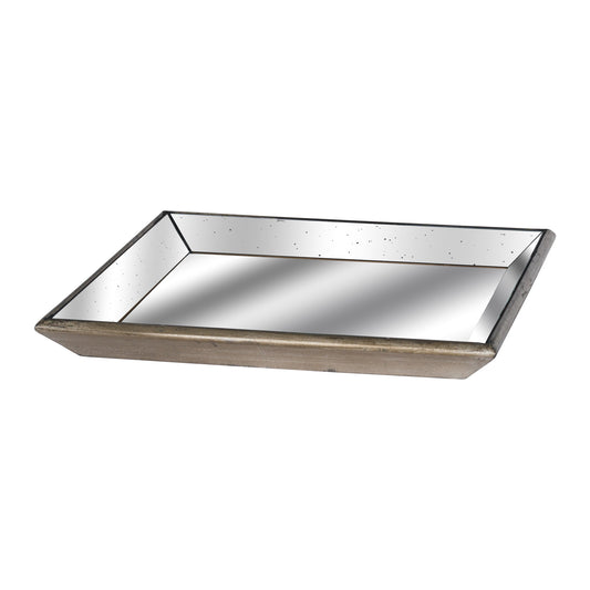 Astor Distressed Mirrored Square Tray W/Wooden Detailing Large