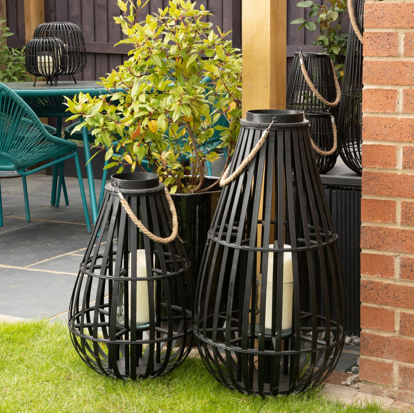 Large Floor Standing Domed Wicker Lantern With Rope Detail