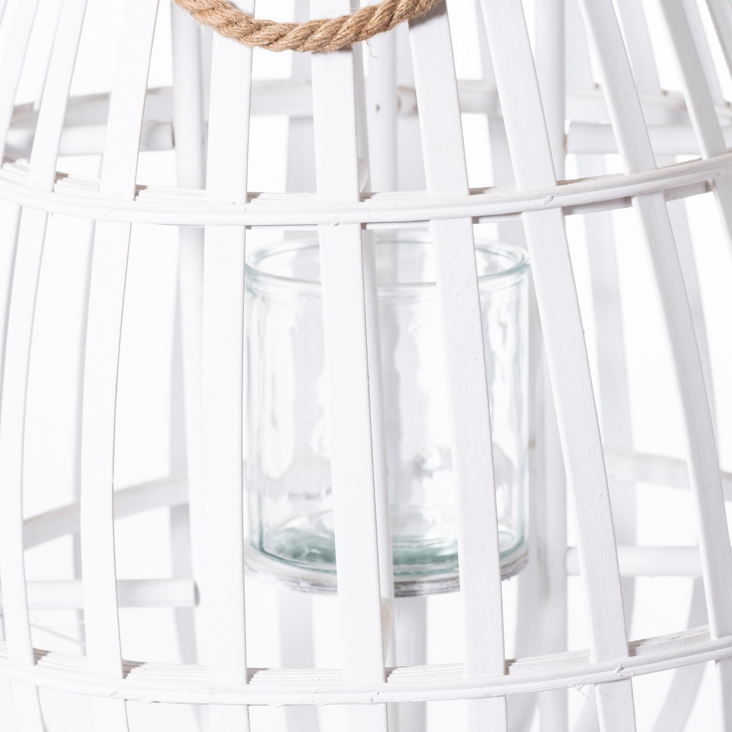 White Floor Standing Domed Wicker Lantern With Rope Detail